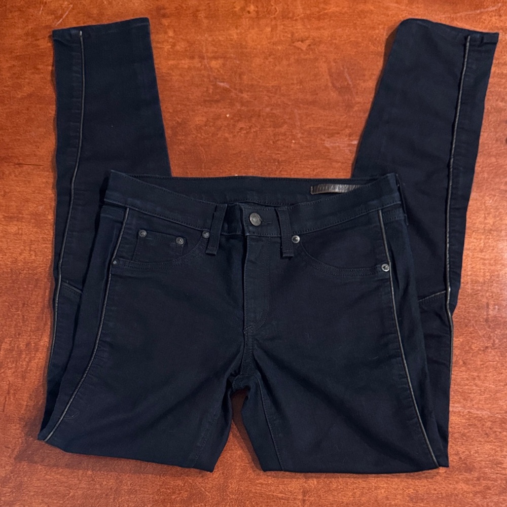 Rag and Bone Midnight Mid Rise Skinny Jeans with Black Leather Piping Sz 27 NWOT